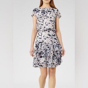 Reiss Annah Tiered Abstract Floral Watercolor Cap Sleeve A-Line Mini Dress 10